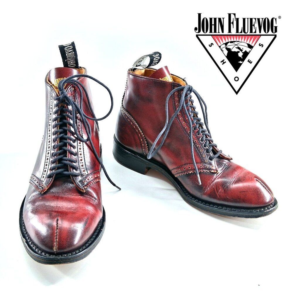 John Fluevog Burgundy Leather Brogue Wingtip Ankle Boots Pinked Lace UK5 US7